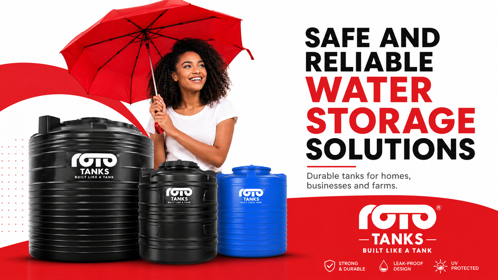 Roto water tanks in black and blue with a customer